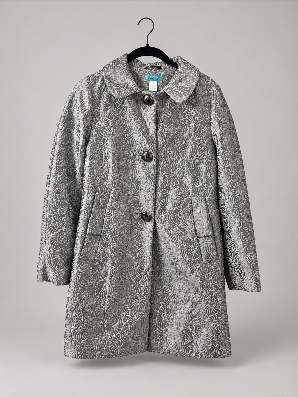 buttons Silver Textured Floral Jacquard Trench Coat
